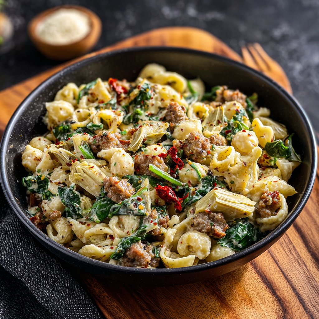 One Pot Cajun Sausage Pasta with Spinach and Artichokes